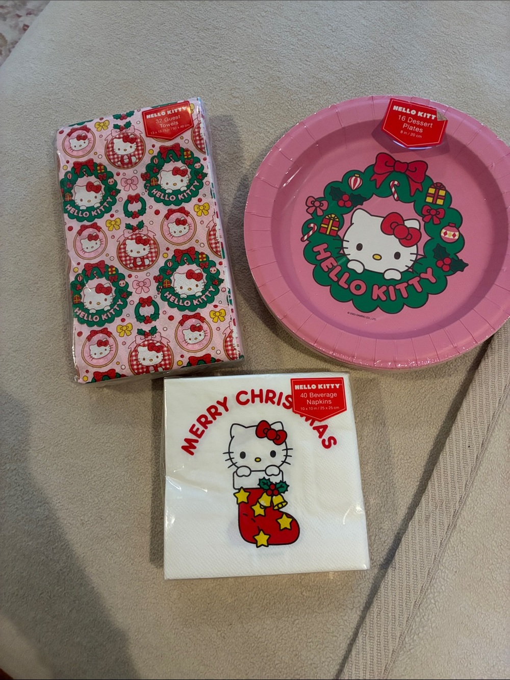 Hello Kitty Pink Holiday Dessert Plates, Napkins & Beverage Napkins Set